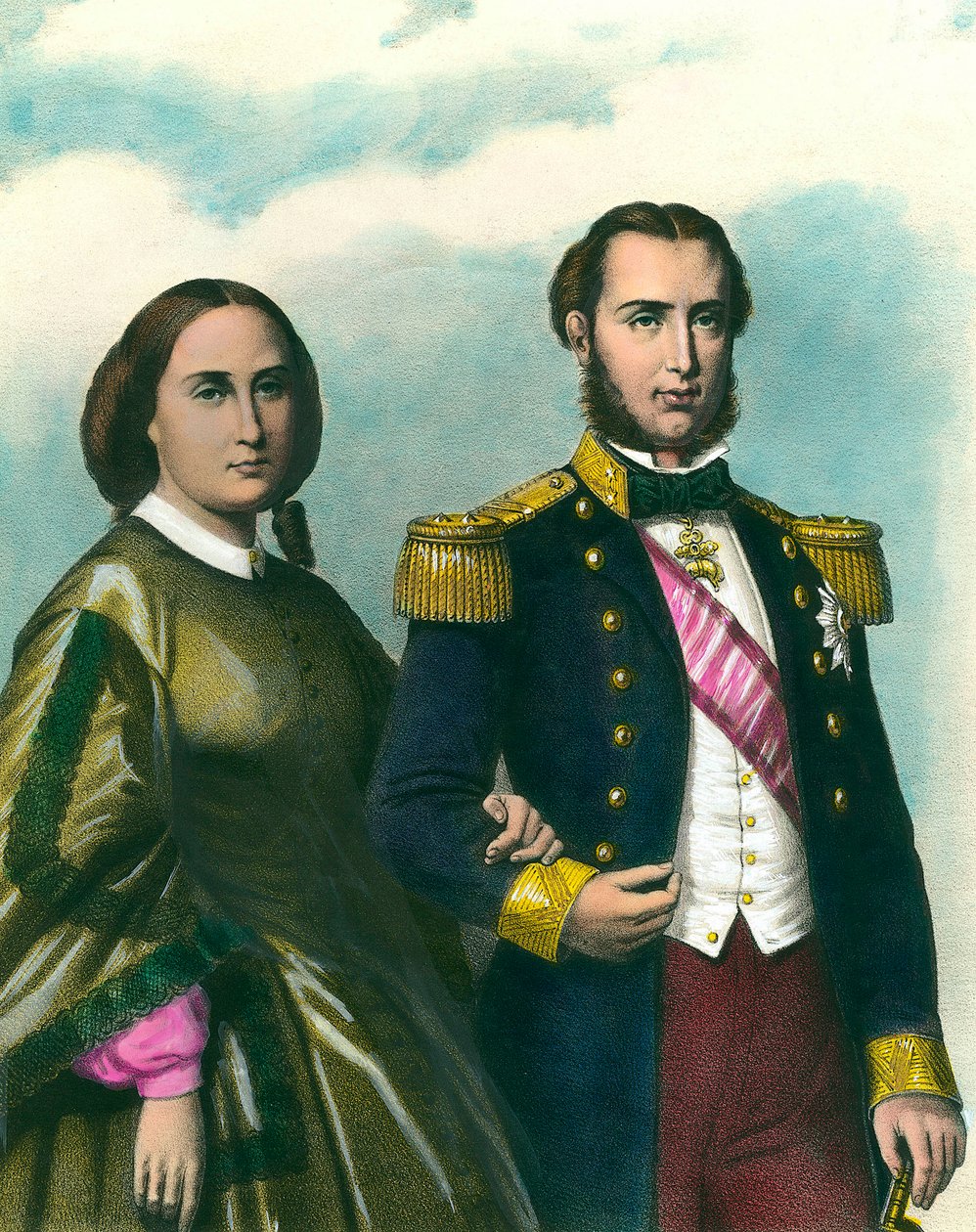 Portræt af Maximilian I (1832-1867) Kejser af Mexico og hans kone Charlotte af Belgien (1840-1927). 1800-tals illustration. Privat samling af Unknown artist