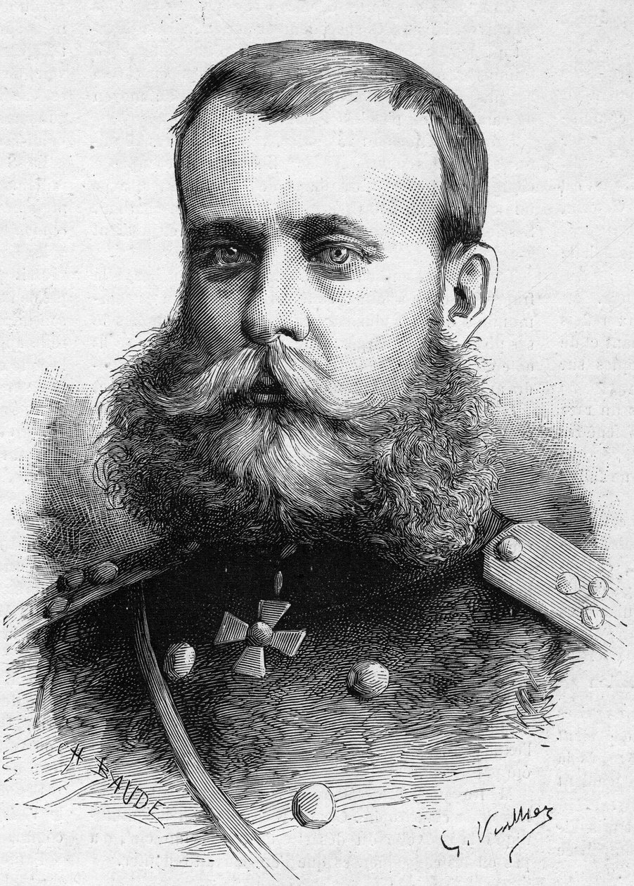 Portræt af Mikhail Dmitrievich Skobeleff (General Skobeleff eller Skobelev) (1843-1882), russisk militær. Indgravering i "" Le Monde Illustré"" nr. 1301 af 4. marts af Unknown artist