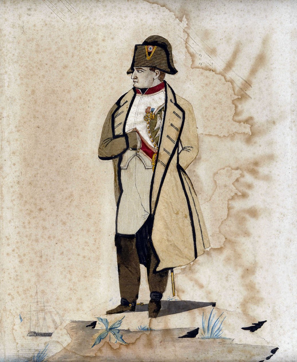 Portræt af Napoleon I (hånden på maven) - Gravering med stof af Unknown artist