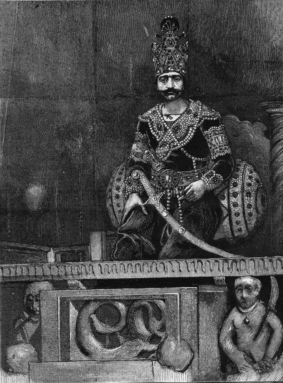 Portræt af Nasir Al-Din (Nasser al Din) (1831-1896) Shah af Persien på sin trone. af Unknown artist