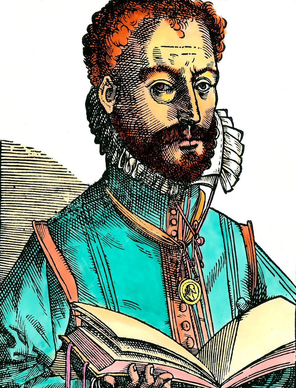 Portræt af Orlandus Lassus (1531-1594) musiker fra den fransk-belgiske skole med en åben bog (hvide sider). Indgravering af det 16. århundrede. Saml. Kom nu. af Unknown artist