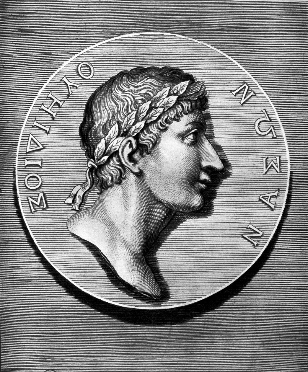 Portræt af Ovid i medaljon. Indgravering af det 19. århundrede. Coll Maciet, Library of Decorative Arts, Paris. af Unknown artist