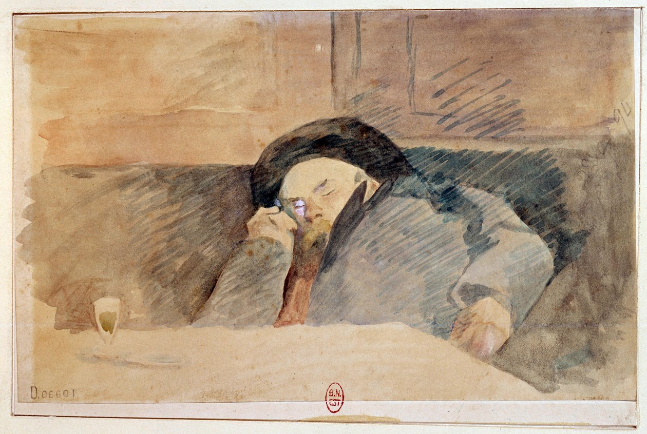 Portræt af Paul Verlaine (1844-1896), fransk digter, der sover på cafeen Procope i Paris. Akvarel af det 19. århundrede. Paris, B.N. af Unknown artist