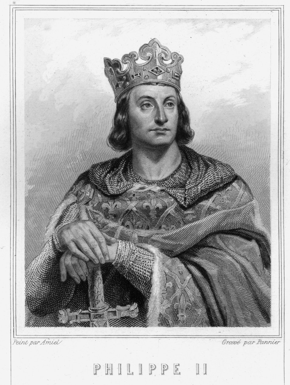 Portræt af Philip II sagde Philippe Auguste (1165-1223), konge af Frankrig - i "Histoire des Français"" af Lavallée, gravering, sd. af Unknown artist