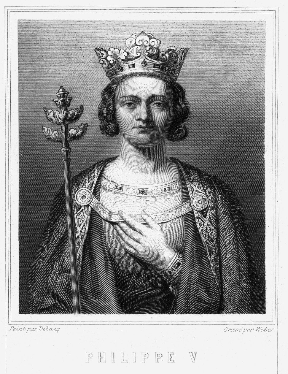 Portræt af Philippe V le Long (1294 - 1322), konge af Frankrig - i "" Histoire des Français"" af Lavallée, gravering, sd. af Unknown artist