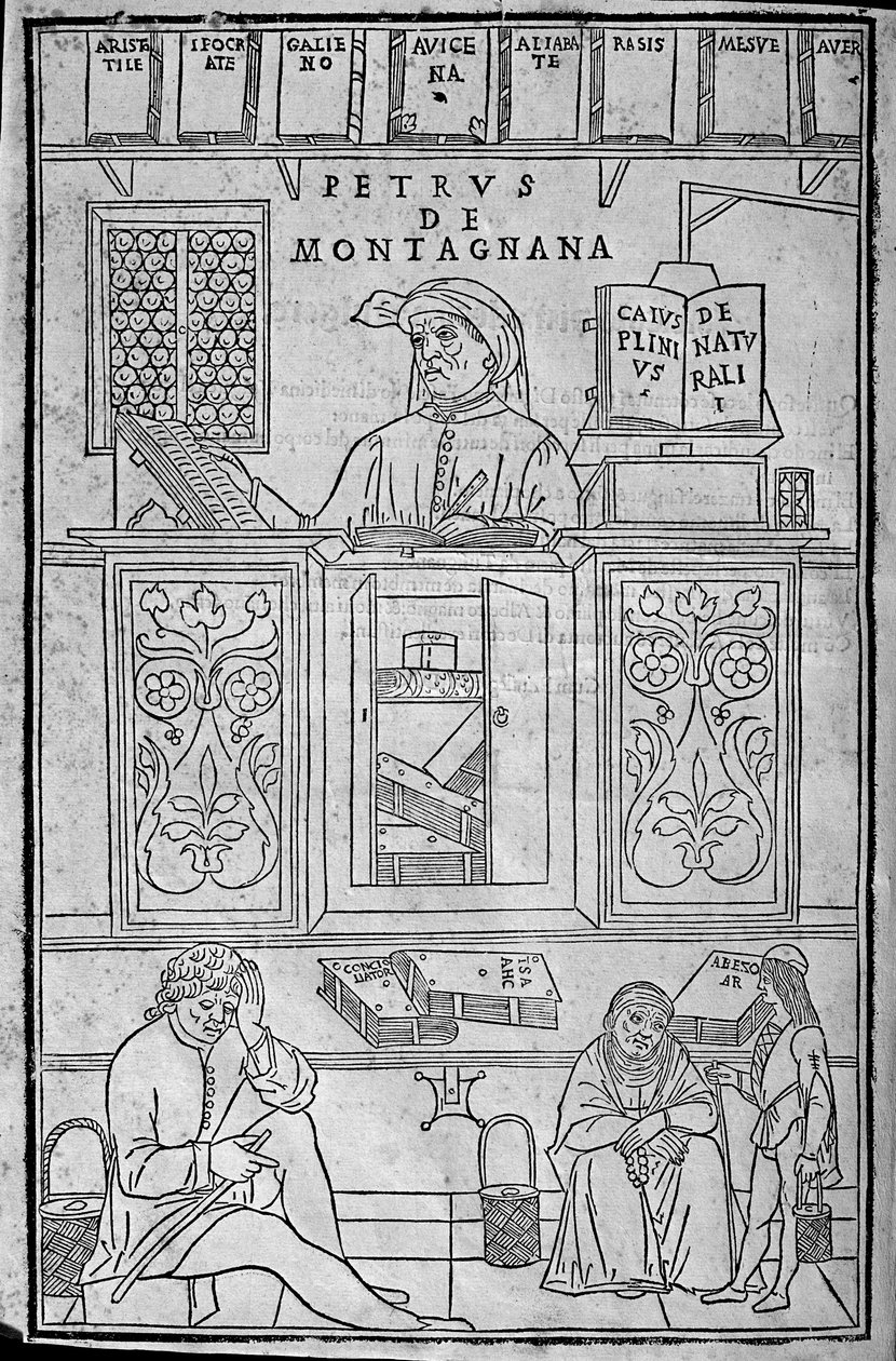 Portræt af Pietro da Montagnana, en lægelærer fra Padova omgivet af græske og arabiske lægebøger, og tre patienter, der venter på at få deres urin undersøgt. af Unknown artist