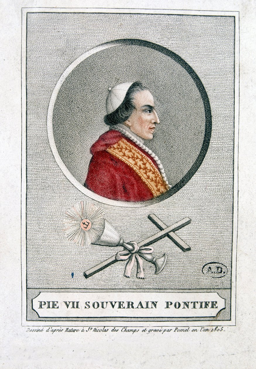 Portræt af Pius VII (1742 - 1823) i medaljon - gravering af Unknown artist