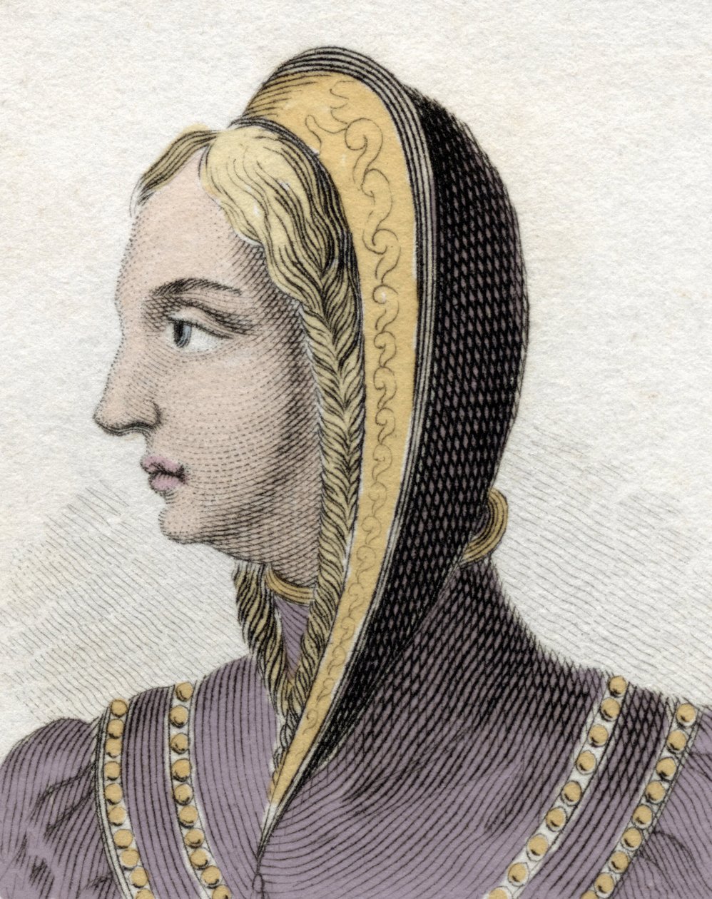 Portræt af dronning Isabella af Castilien (Isabella 1. den katolske) (1451-1504). Indgravering af det 19. århundrede. af Unknown artist