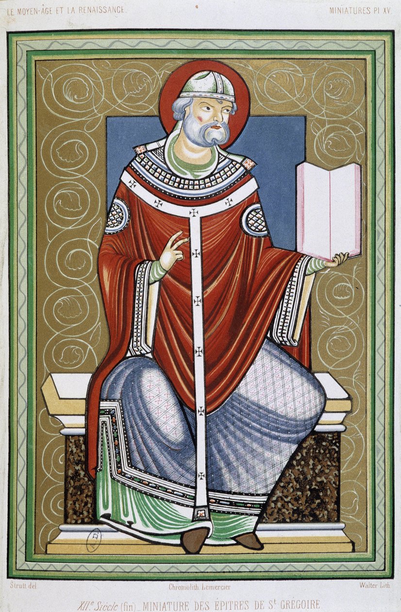 Portræt af Saint Gregory, chromo 19th fra miniature af Saint Gregory Epistles af Unknown artist