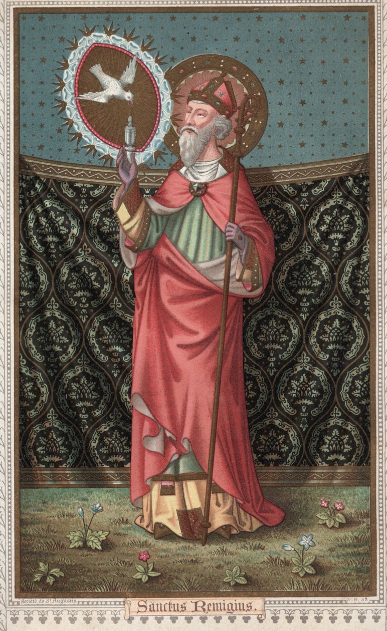 Portræt af Saint Remi (437-533) (Saint Remigius, Remy Remigio) besøg af Helligåndens due (Helligånden). Kromolitografi i slutningen af det 19. århundrede. af Unknown artist
