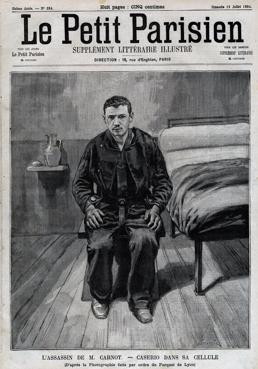 Portræt af Sante Caserio (1873-1894) italiensk anarkist, snigmorder på Sadi Carnot, i fængsel. Gravering i "" Le Parisien"" af Unknown artist