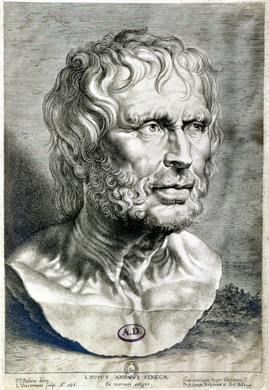 Portræt af Seneque (Lucius Annaeus Seneca, 4 f.Kr.-65 e.Kr.), filosof fra den stoiciske skole, dramatiker og en romersk statsmand - Indgravering 1638 - Coll Maciet, Library of Decorative Arts, Paris af Unknown artist