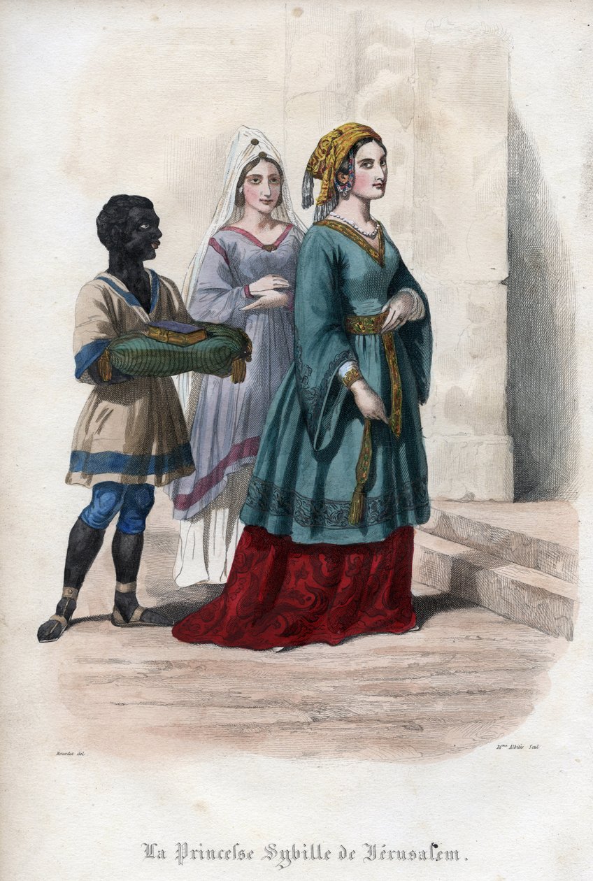 Portræt af Sibylla af Jerusalem (Jerusalem Sibylle) (ca. 1160-1190), prinsesse daværende dronning af Jerusalem. Indgravering fra 1842 i "Histoire des popes"" af Maurice Lachatre. Privat samling. af Unknown artist