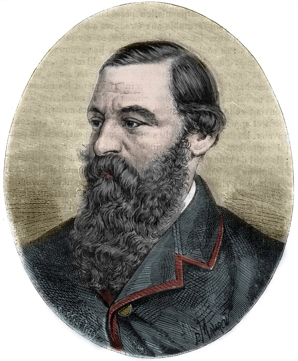 Portræt af Sir Samuel Baker (1821-1893) gravering fra ""Picturesque Histoire des grands voyages au nineteenth century""". 1877 af Unknown artist