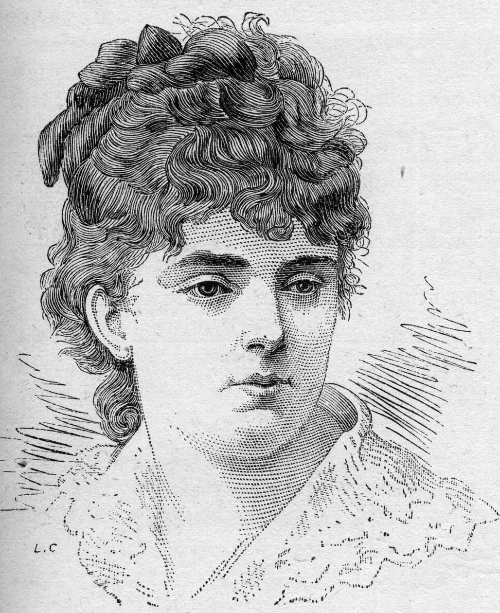 Portræt af Sophie Croizette, fransk komiker, medlem af Comedie Francaise fra 1868 til 1882. Indgravering i "" Le Monde Illustré"" nr. 1168 af 16. august af Unknown artist