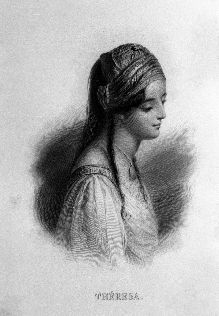 Portræt af Teresa Gamba i Guiccioli (1800-tallet) forelsket i digteren George Gordon Byron. Indgravering af det 19. århundrede af Unknown artist