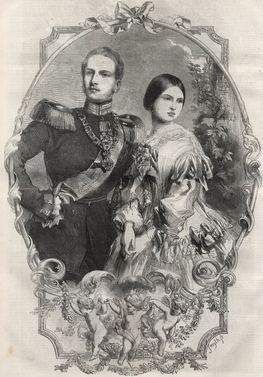 Portræt af Deres Kongelige Højheder Prinsesse Victoria (1840-1901) (Dronning Victoria) og Kronprins Frederik Vilhelm af Preussen (1831-1888). Stik fra 1858. af Unknown artist