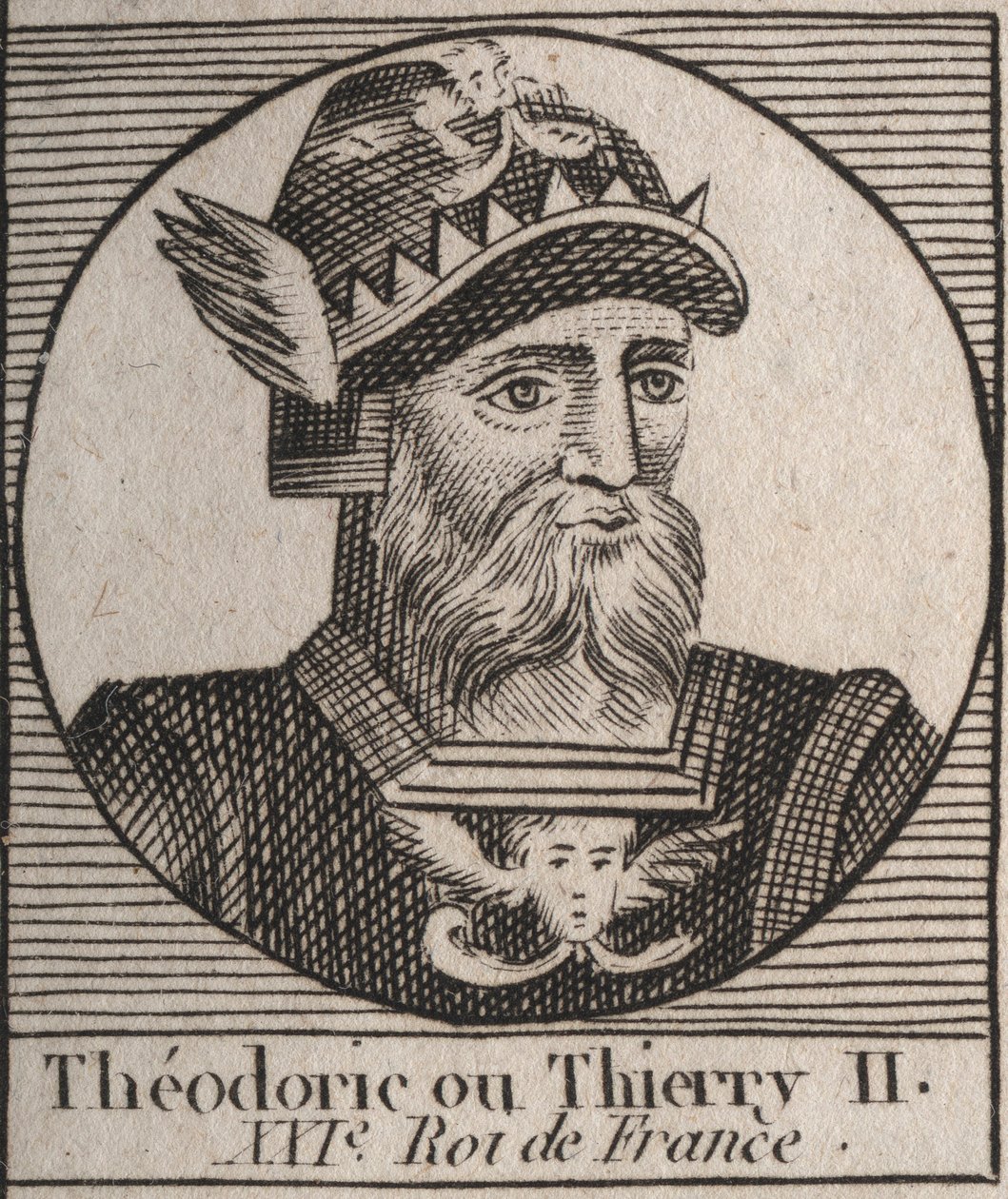 Portræt af Thierry II (587-613) Konge af frankerne af Austrasia og Bourgogne fra 595 til 613 - THIERRY II (Theuderic eller Theuderich, Theoderic eller Theodoric II) konge af Bourgogne og Austrasia - gravering fra "Instruction sur l