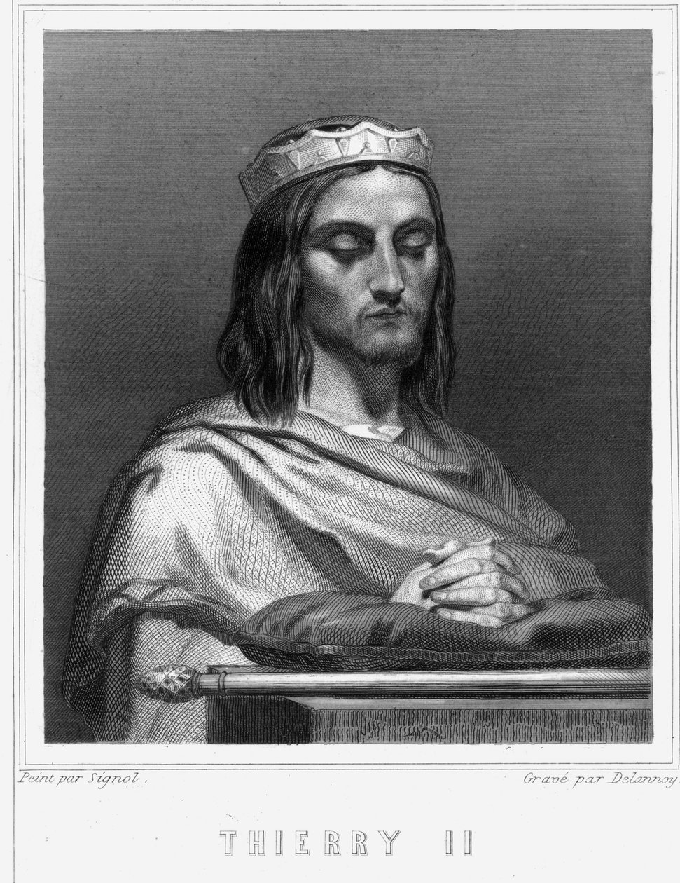 Portræt af Thierry II (? - 613), konge af Bourgogne og Austrasie - i "Histoire des Français" af Lavallée, gravering, sd. af Unknown artist
