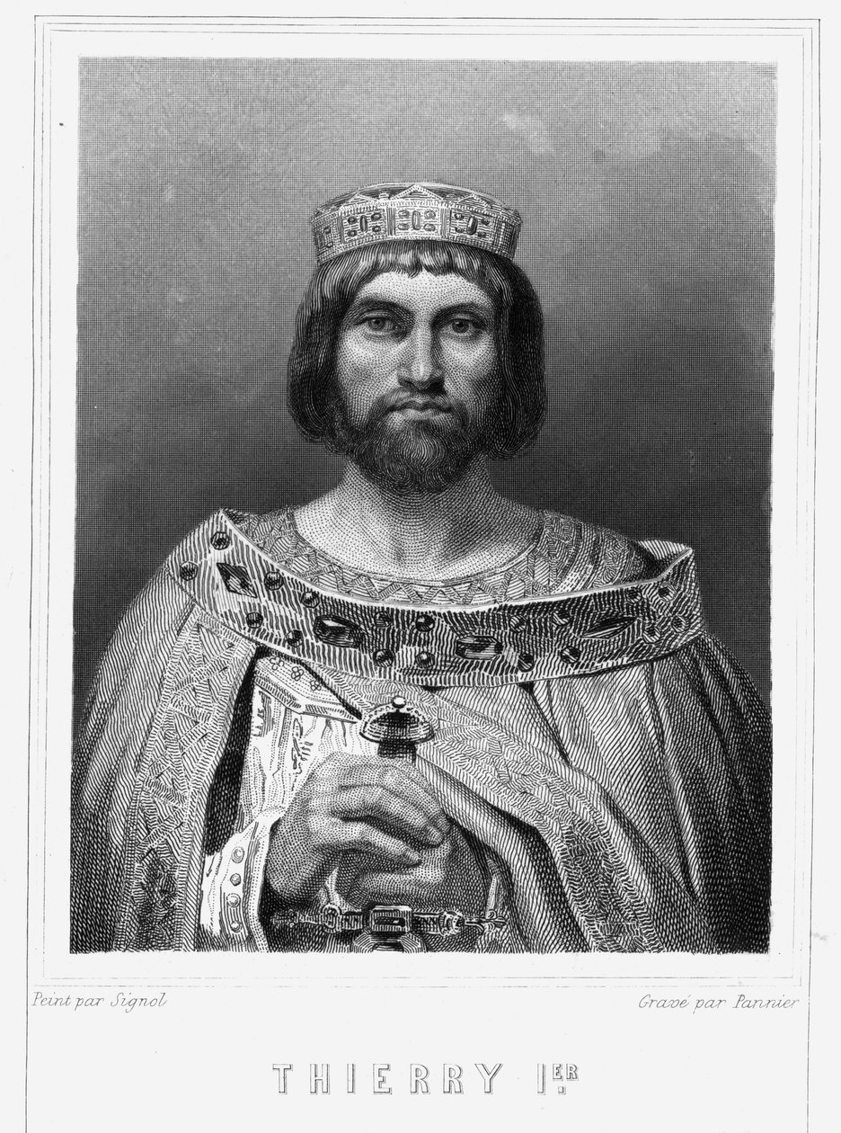 Portræt af Thierry I (? - 533), konge af Austrasia - i "" Histoire des Français"" af Lavallée, gravering, sd. af Unknown artist