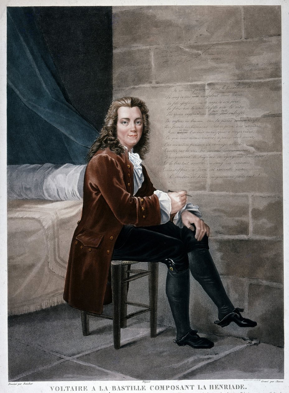 Portræt af Voltaire ved Bastillen, der udgør Henriaden. Indgravering af det 19. århundrede. Musee Carnavalet. af Unknown artist