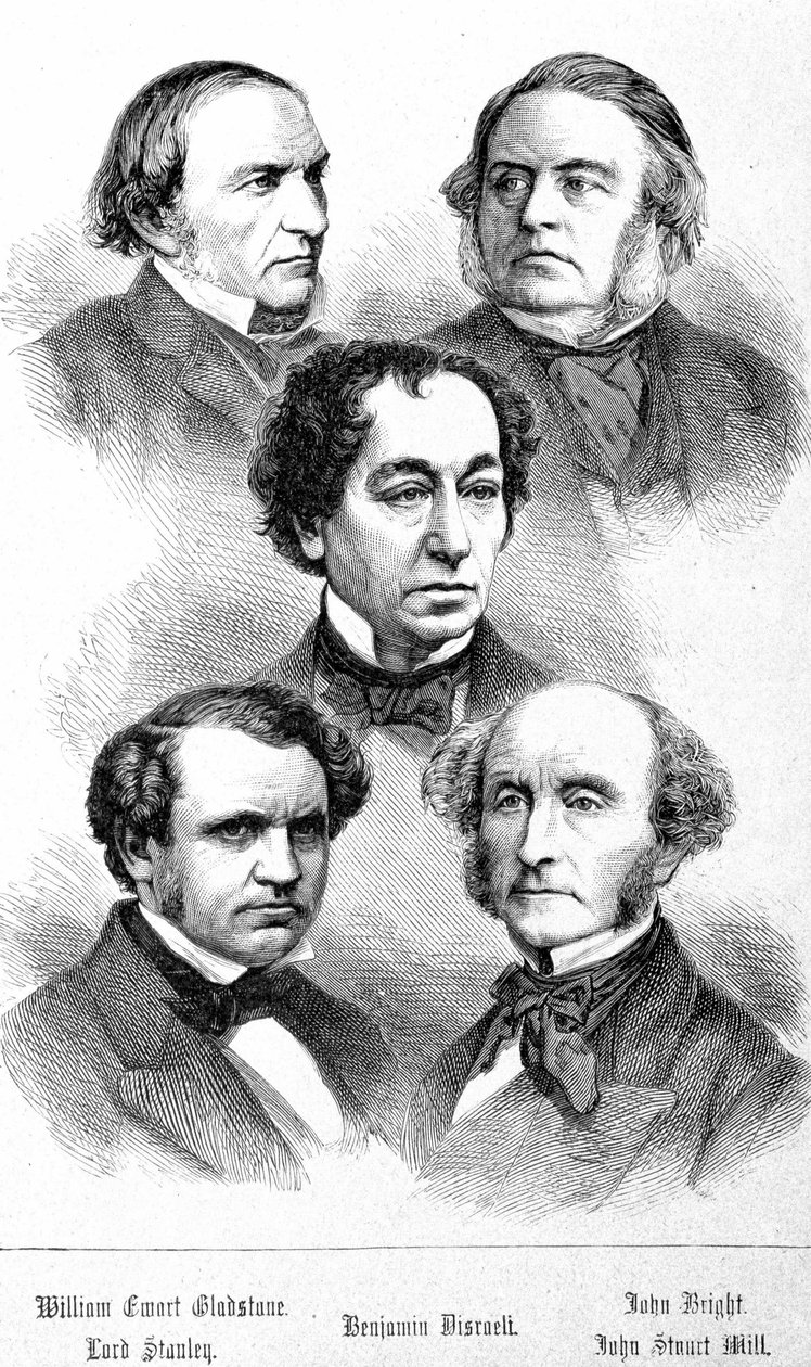 Portræt af William Ewart Gladstone, John Bright, Lord Stanley, John Stuart Mill og Benjamin Disraeli - i "" The Contemporains", n.d. slutningen af det 19. århundrede. af Unknown artist