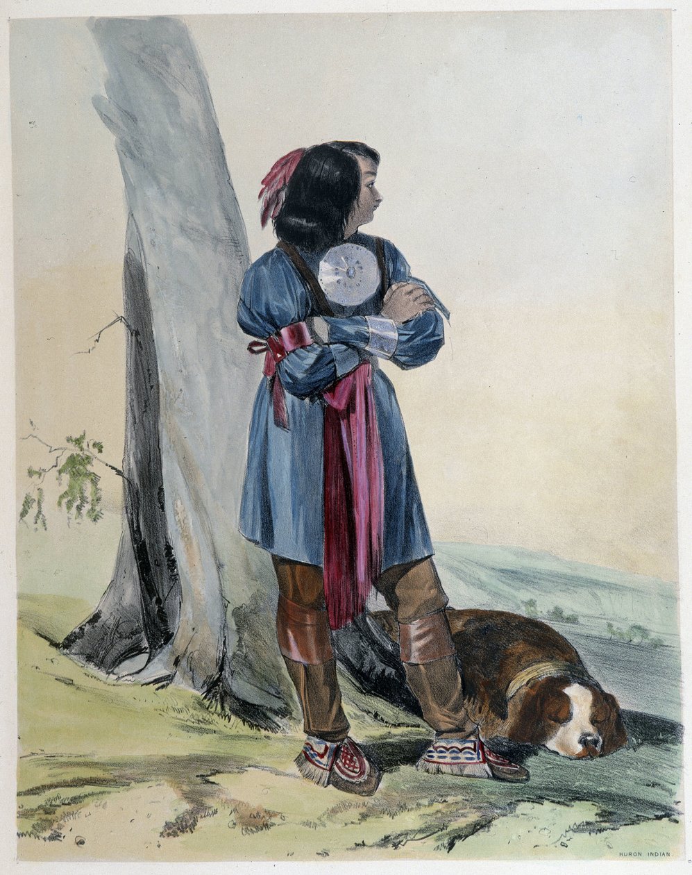 Portræt af en Huron, indianer fra Canada, med sin hund - i "" Shyths skitser i Canadas"" af Coke Smyth, London af Unknown artist