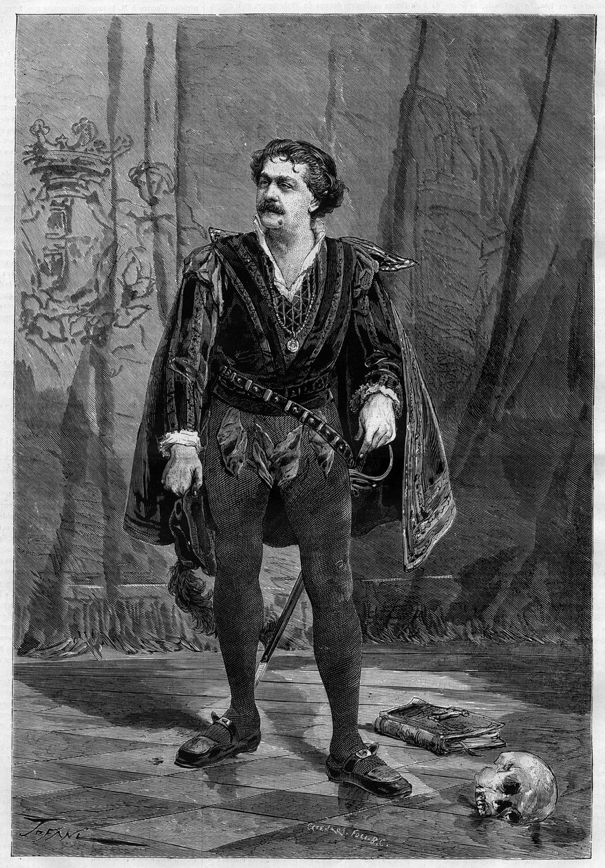 Portræt af skuespilleren Ernesto Rossi i rollen som Hamlet af William Shakespeare på teatret Ventadour i Paris i 1875. af Unknown artist
