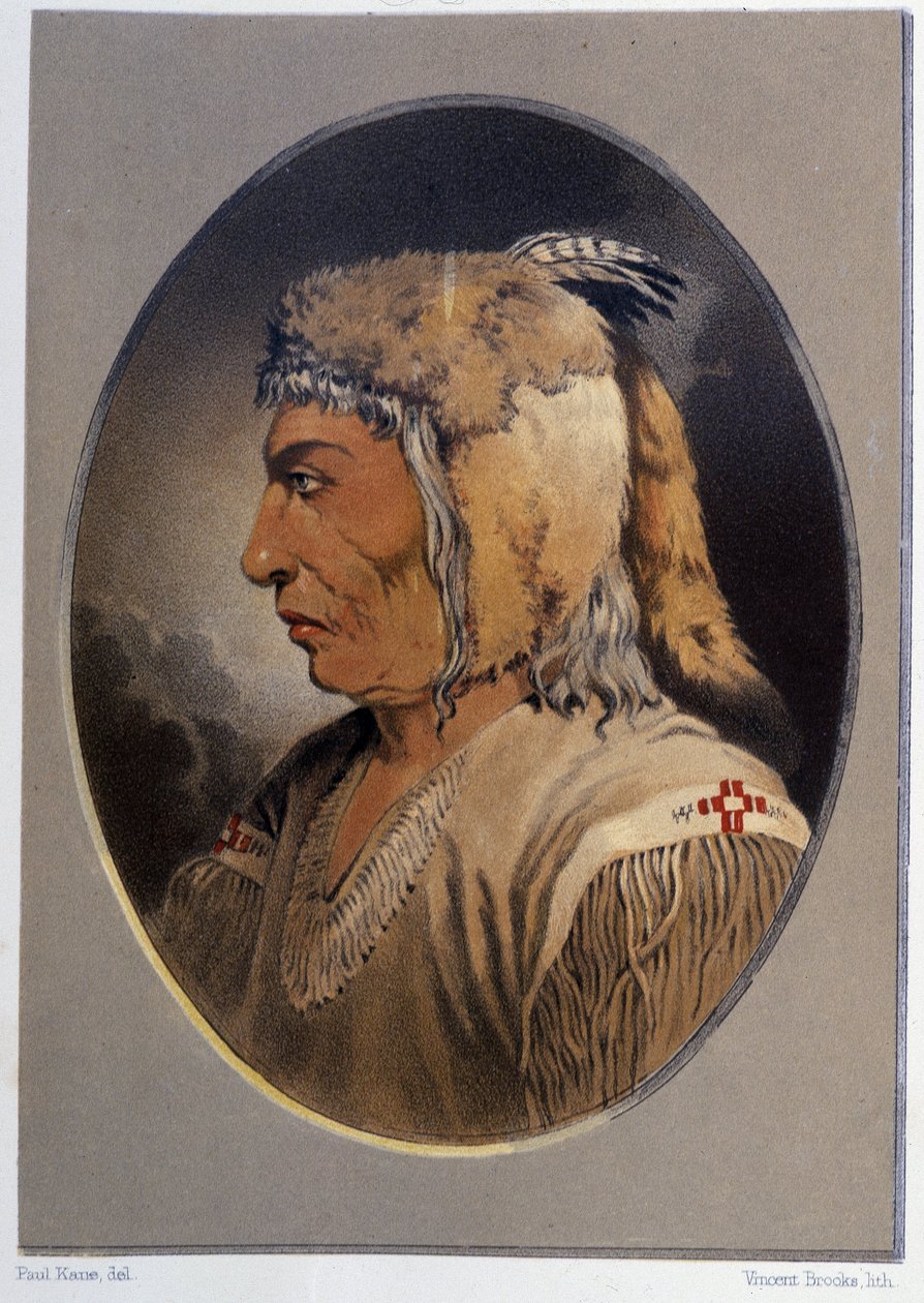 Portræt af en indianer: Man-Ce-Muckt - i "" Vandring af en kunstner blandt indianerne i nordamerika"" af Paul Kane, Longmans & Roberts, London af Unknown artist