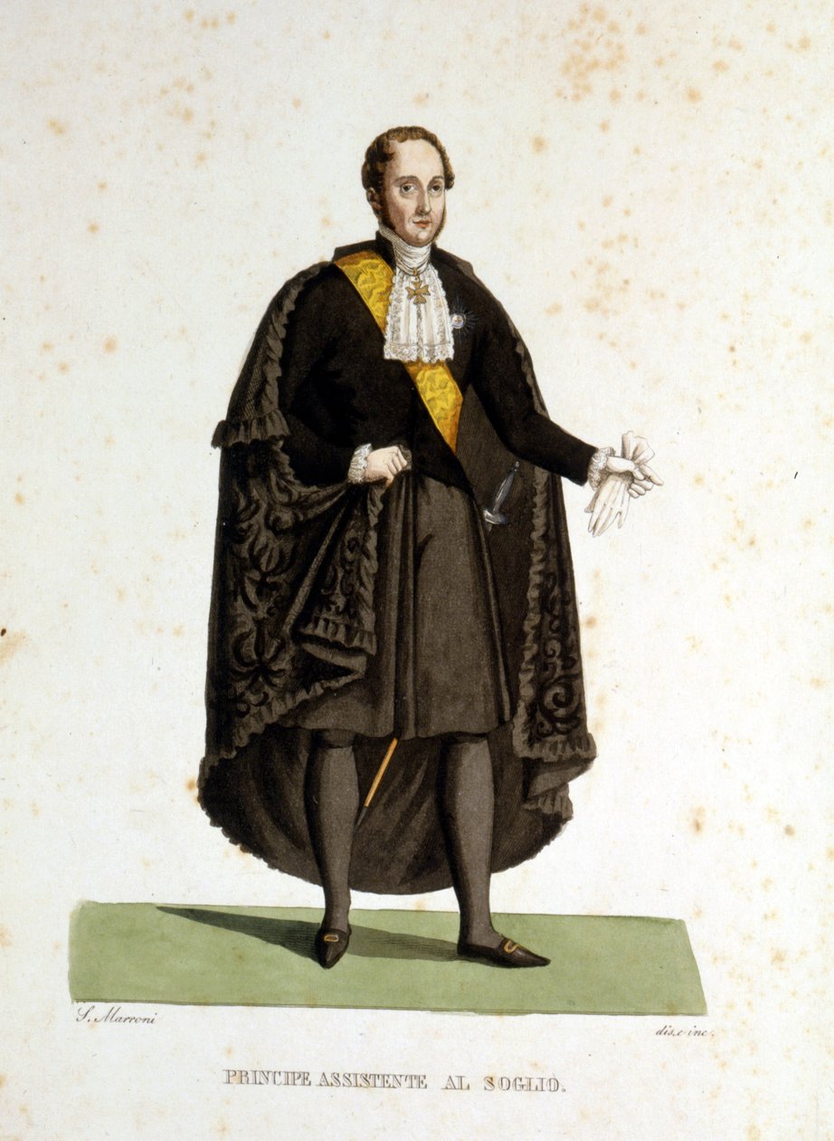 Portræt af en assisterende prins af Den Hellige Stol, der tjente under ceremonier og besøg. Indgravering af det 19. århundrede. af Unknown artist