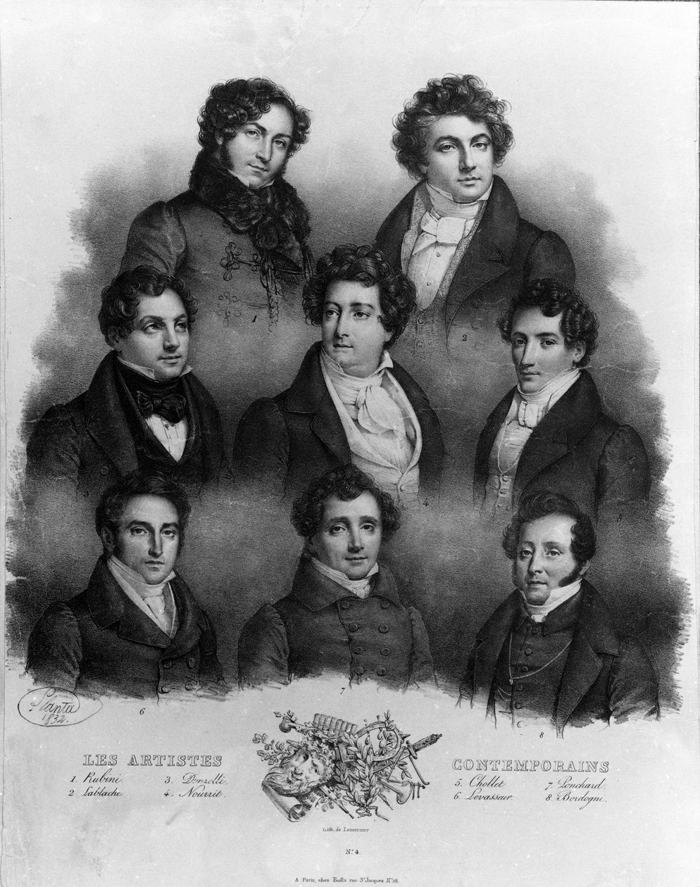 Portræt af forskellige operasangere: 1 Giovanni Battista Rubini (1794-1854) 2 Luigi Lablache (1794-1858) 3 Domenico Donzelli (1790-1873) 4 Adolphe Nourrit (1802-1839) 5 Choblet; 6 Nicolas prosper Levasseur (Vasseuren) (1791-1871) 7 Louis Antoine Ponchard af Unknown artist