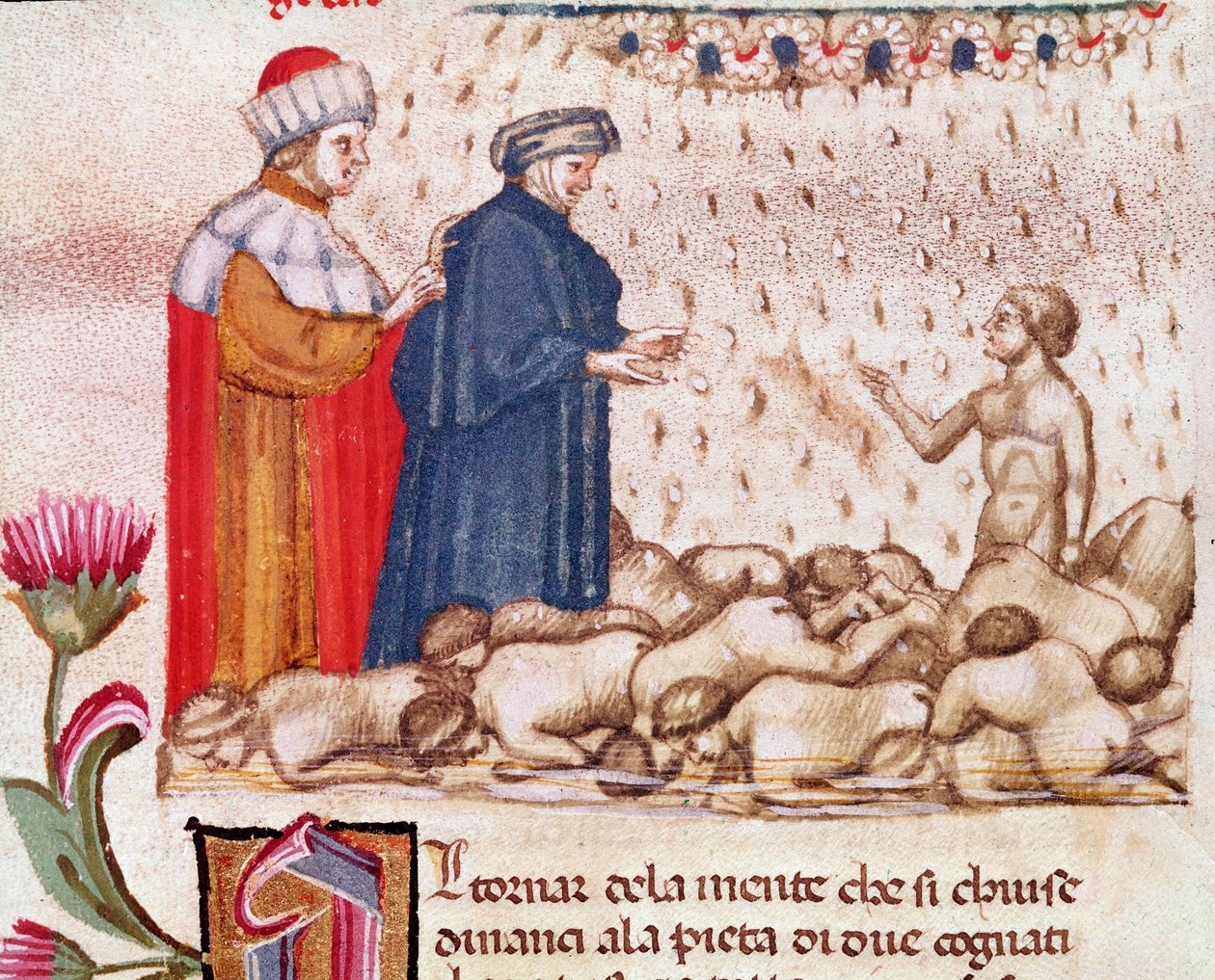 Portræt af den italienske digter Dante Alighieri i frådserens cirkel (sang 6 fra Helvede, i den guddommelige komedie) - miniature 15. århundrede af Unknown artist