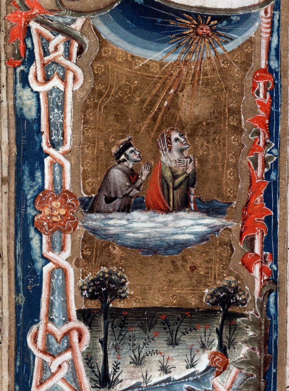 Portræt af den italienske digter Dante Alighieri med Beatrice, i den guddommelige komedie - miniature af Unknown artist