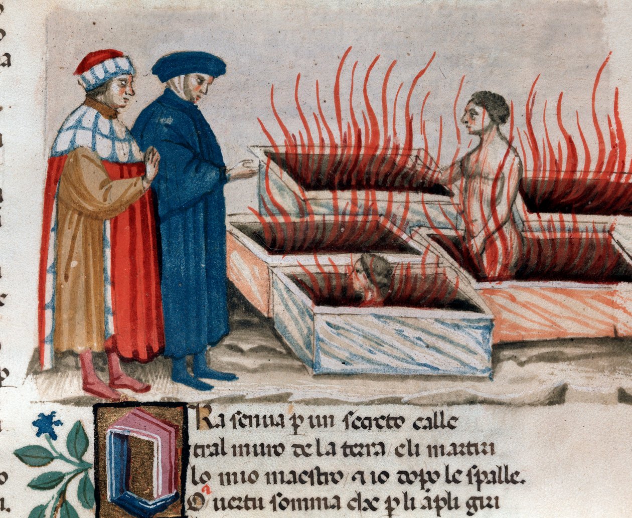 Portræt af den italienske digter Dante Alighieri med Vergil blandt kættere som Farinata degli Uberti (sang 10 fra Helvede, i den guddommelige komedie) - miniature 1400-tallet af Unknown artist