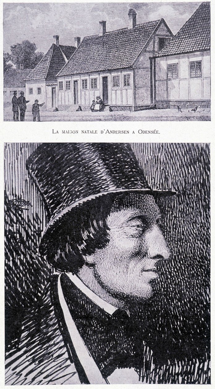 Portræt af den danske forfatter Hans Andersen (1805 - 1875) og hans hus i Odensee, Danmark, omkring 1832. af Unknown artist