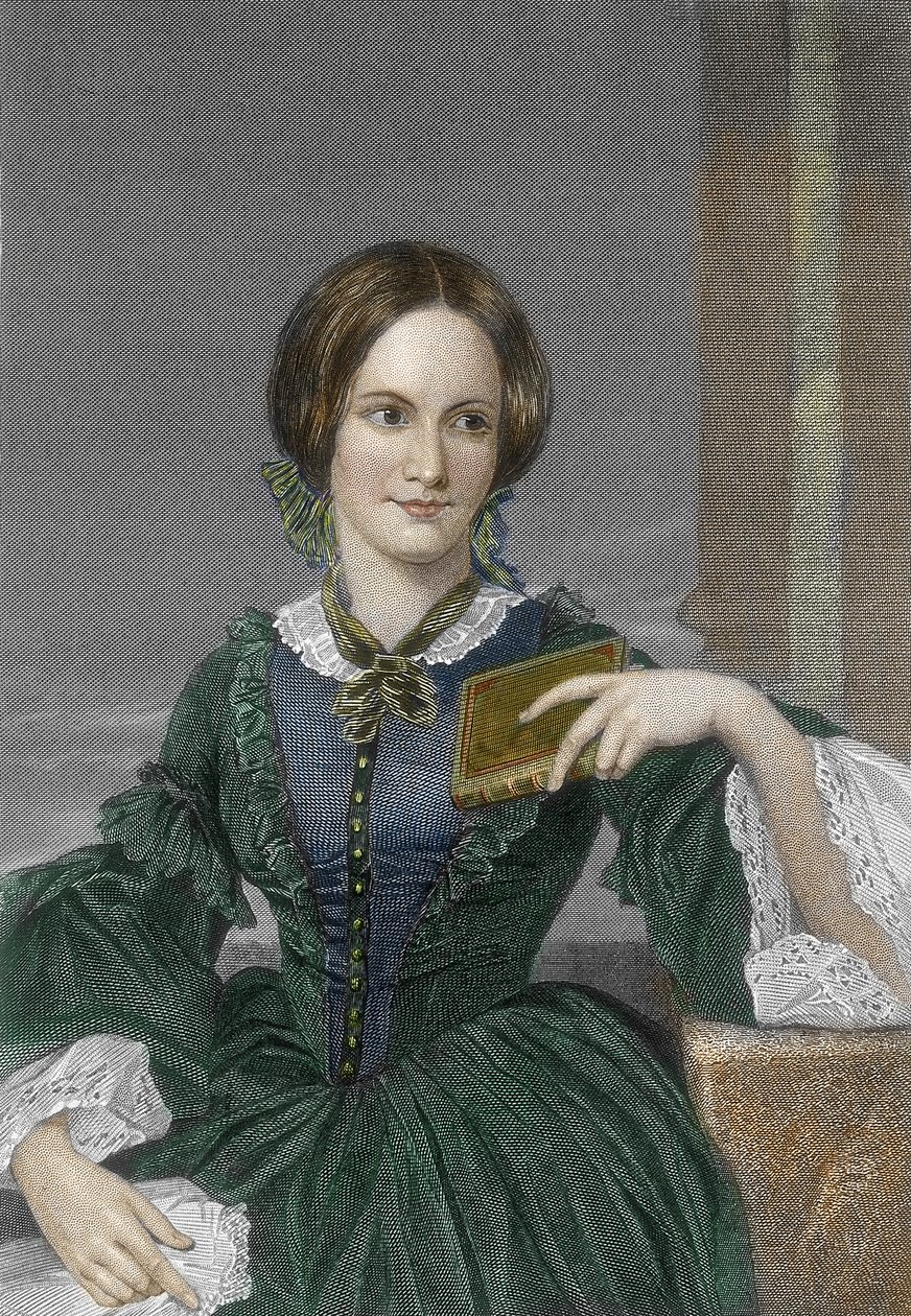 Portræt af den engelske forfatter Charlotte Bronte (1816-1855) (Portræt af den engelske forfatter Charlotte Bronte) Gravering 1800-tallets privatsamling af Unknown artist