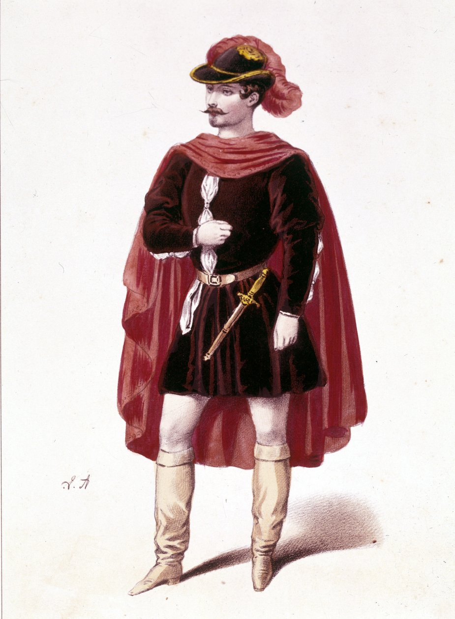 Portræt af den franske tenor Louis Gueymard (1822 - 1880) i rollen som Henri i første akt af "I vespri siciliani" (Den sicilianske vepres) af Giuseppe Verdi af Unknown artist