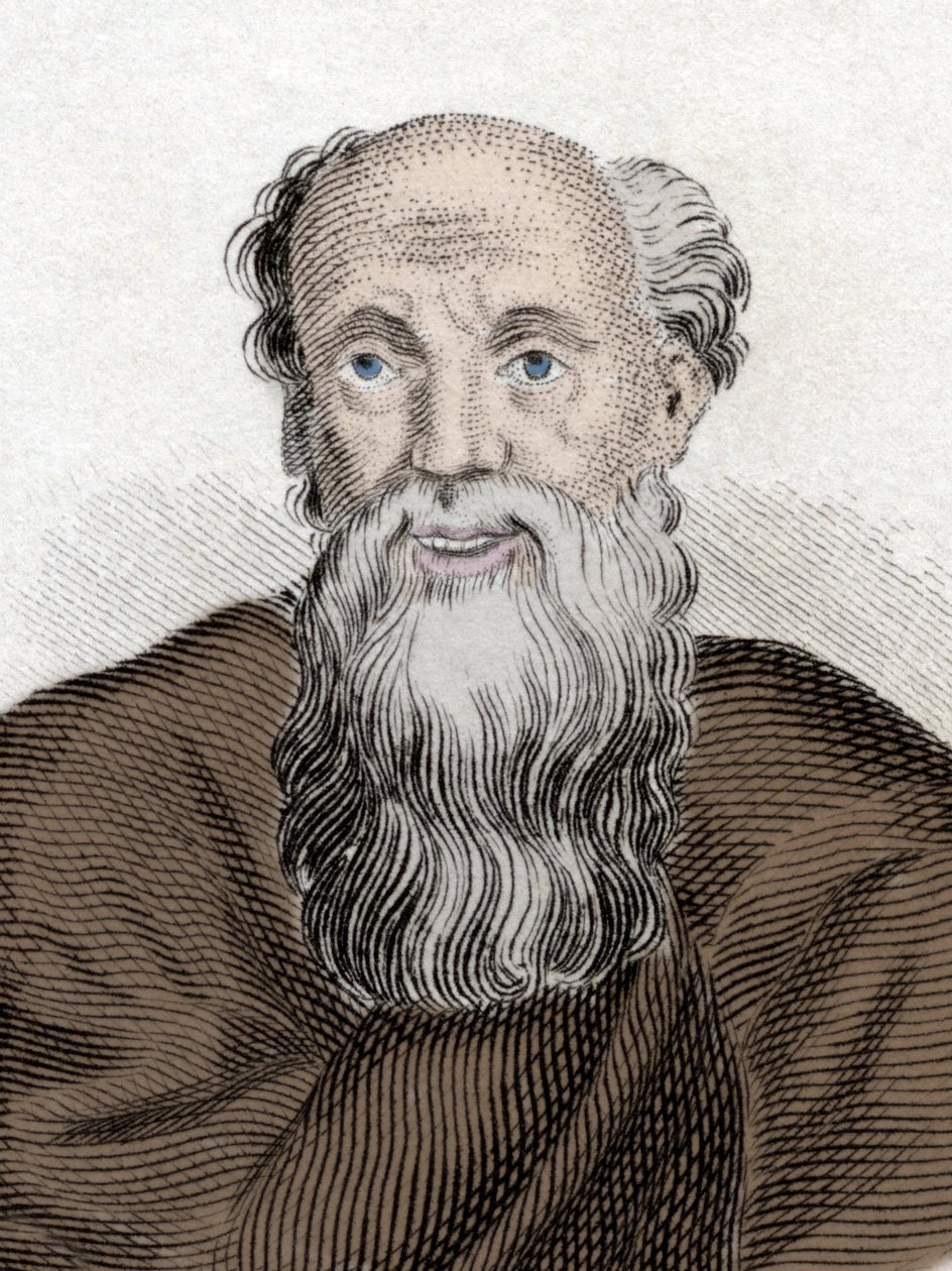 Portræt af den græske filosof Democritus (460-370 Av JC), Democritus of Hope. Indgravering af det 19. århundrede. af Unknown artist