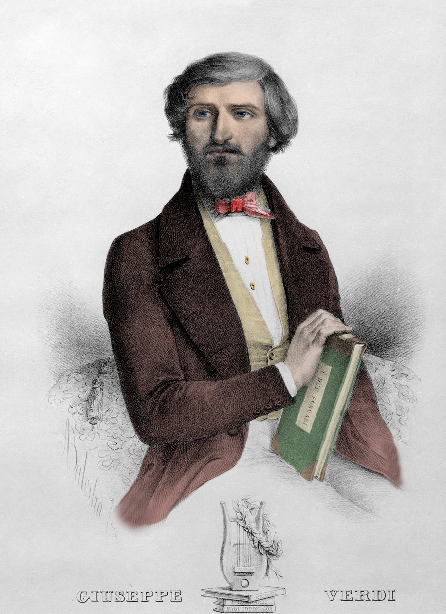 Portræt af den italienske komponist Giuseppe Verdi (1813 - 1901) med partituret til "" i Due Foscari"" Indgravering fra 1844. af Unknown artist