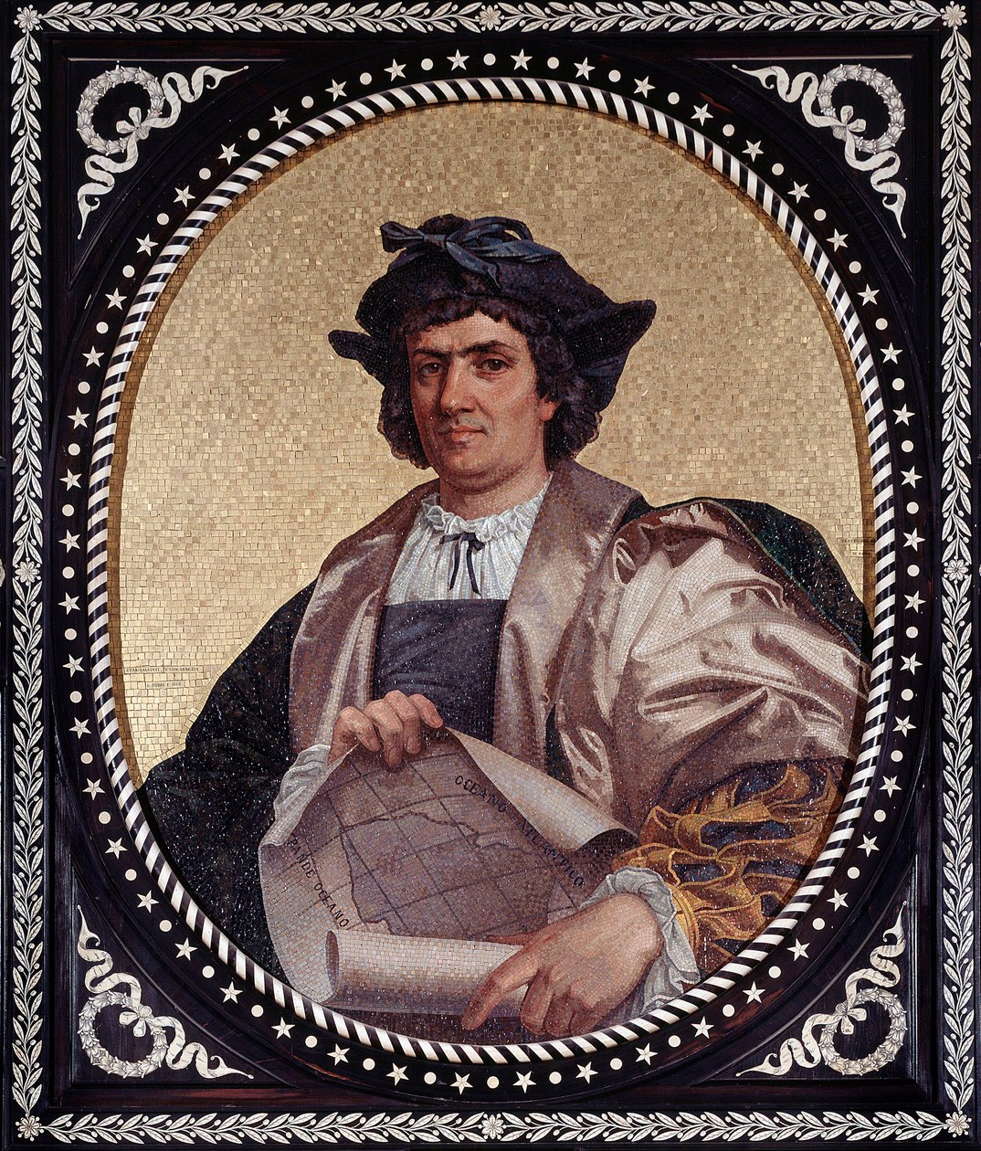 Portræt af den italienske navigatør Christopher Columbus (Christopher Columbus, Cristoforo Colombo, Cristobal Colon) (1451-1506) Mosaique af Unknown artist