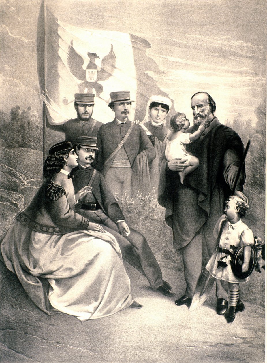 Portræt af den italienske patriot og helte af Risorgimento Giuseppe Garibaldi (1807-1882) omgiver hans børn Menotti, Ricciotti stående og Teresita, Francesca Armosino og den lille Manlio og Clelia. Illustration omkring 1870. Privat Samling af Unknown artist