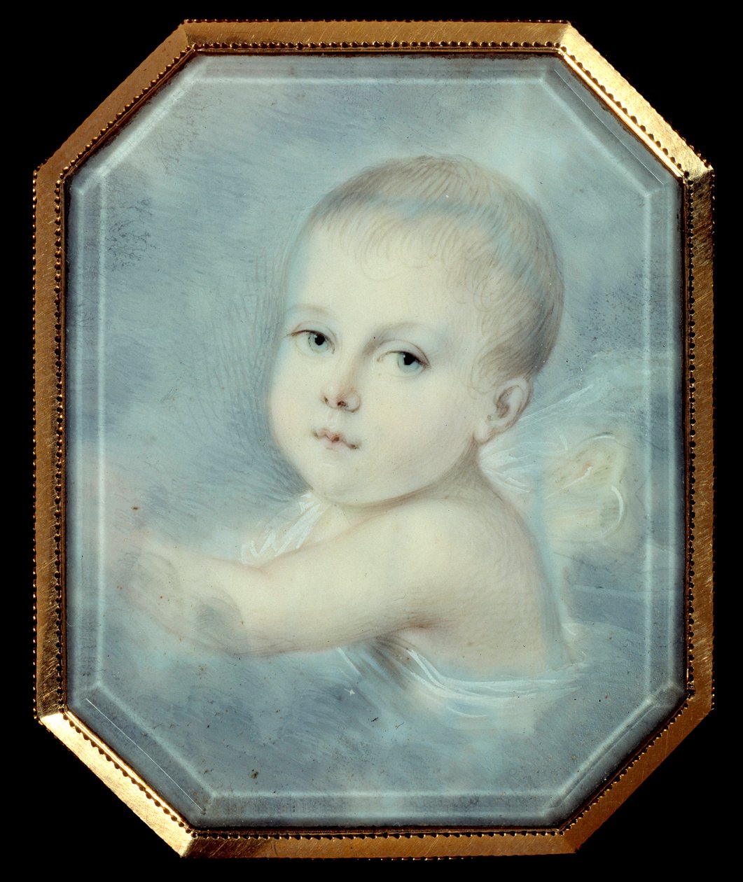 Portræt af kongen af Rom bebe (1811-1832), søn af kejser Napoleon I (1769-1821) og kommende Napoleon II. Anonym ottekantet medaljon fra det 19. århundrede. Akvarel under glas. Paris, Musee De La Legion d
