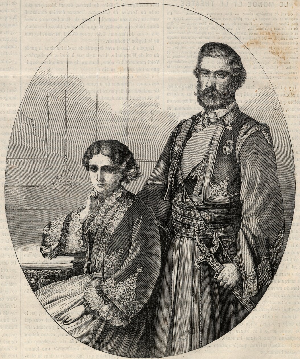 Portræt af prinsen af Serbien Michael III (1823-1868) og prinsesse Julie (1831-1919). Gravering i "" L