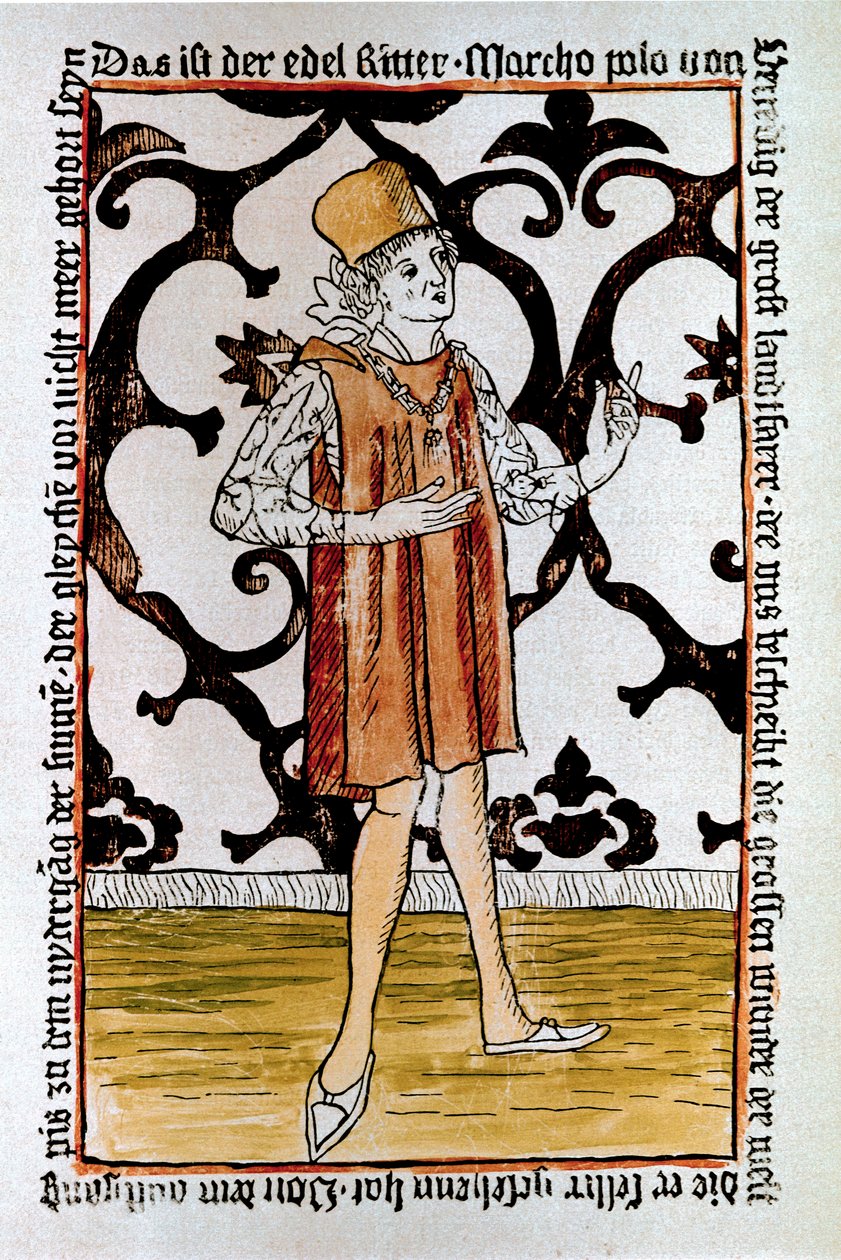 Portræt af den venetianske opdagelsesrejsende Marco Polo (1254-1324) Frontispice af den første udgave af "" Il Milione: The Book of Merveillles"" (""Devisement du monde") Nürnberg af Unknown artist