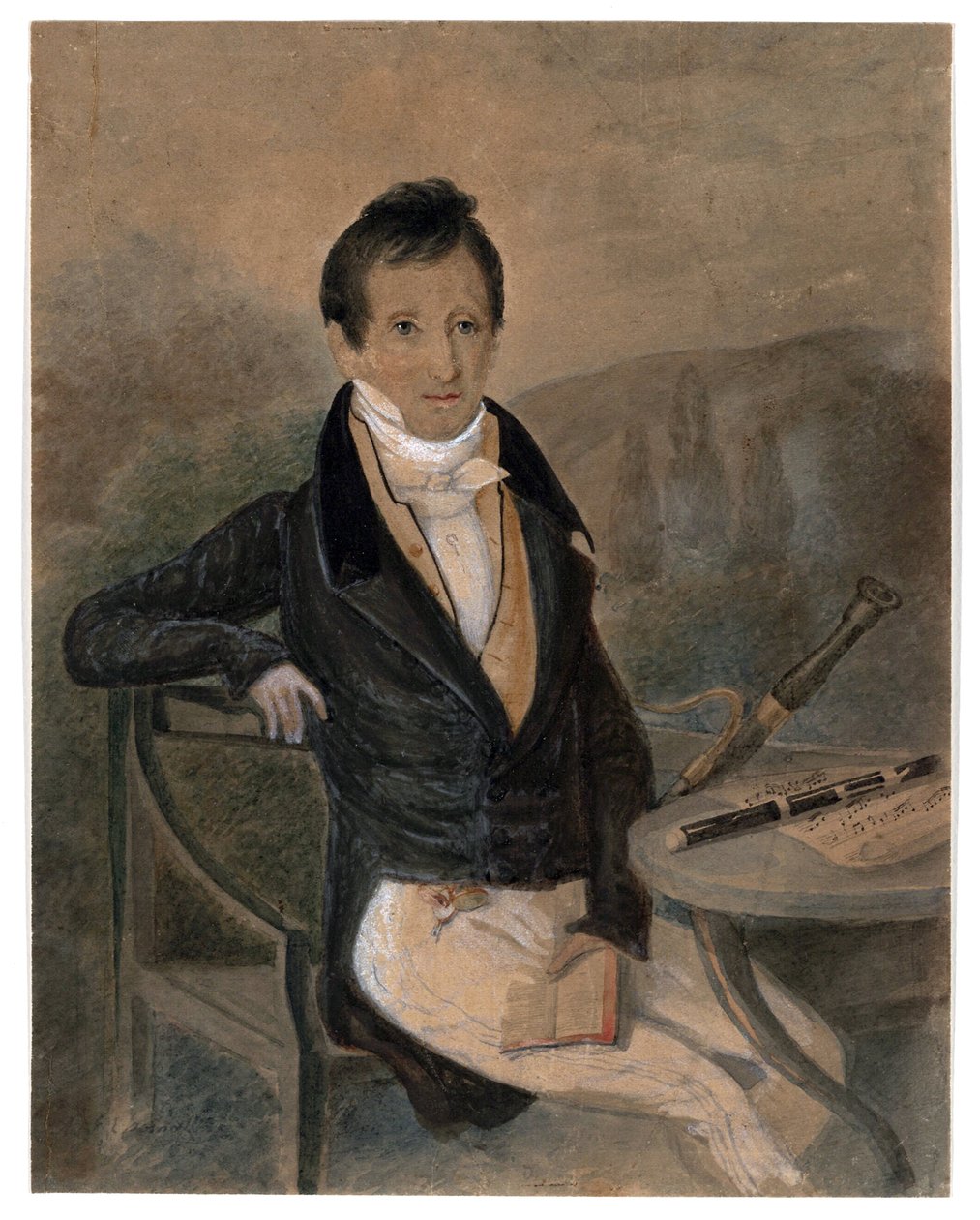 Portræt af fløjtespilleren Jean-Louis Tulou (1786-1865) par Anonym, ca. 1840 - Akvarel og hvid farve på papir, 20,6x16,2 - Privat samling af Unknown artist