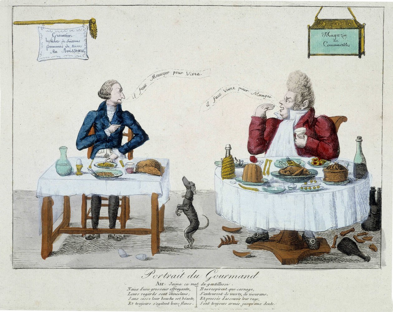 Portræt af gourmanden: "" du skal spise for at leve, du skal leve for at spise"" - gravering af Unknown artist