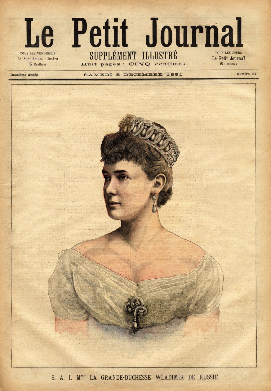 Portræt af den store hertuginde Vladimir af Rusland, født i 1854, prinsesse Mary af Mecklenburg-Schwerin (Mecklenburg Schwerin) og gift i 1874 med zarens yngre bror, storhertug Vladimir Alexandrovich Romanov (1847-1909). Indgravering i "" Le peti af Unknown artist