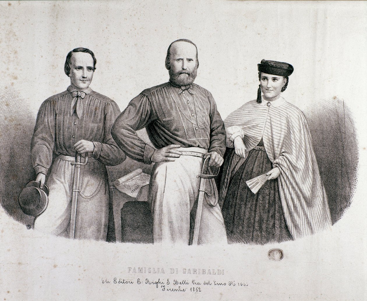 Portræt af patrioten og heltene fra Risorgimento Giuseppe Garibaldi (1807-1882) mellem Teresita, hans datter og hans kone Stefano Canzio. Litografi af 1862 Privatsamling af Unknown artist
