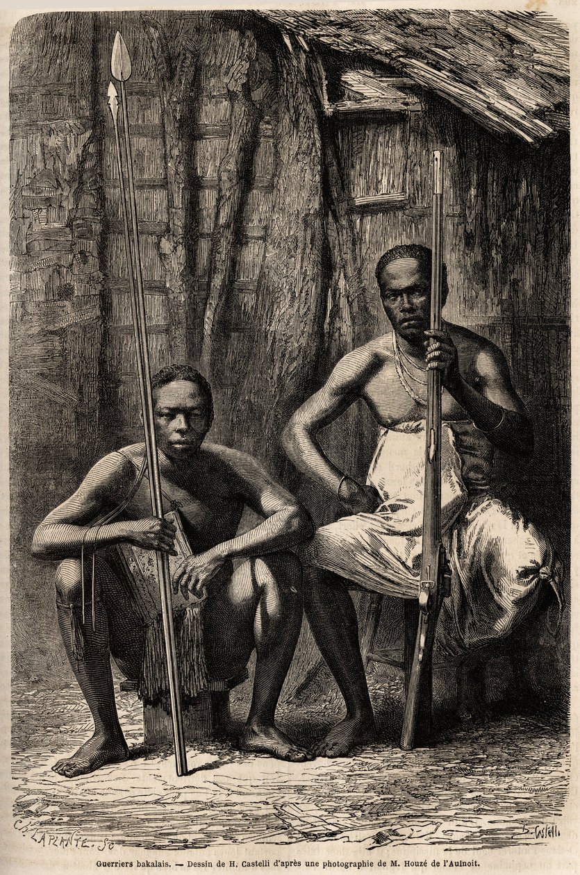 Portræt af to Bakali-krigere. Tegning af H.Castelli, for at illustrere rejsen til Gabon, i 1861-1864, af doktor Griffon du Bellay. Indgravering i "" Le tour du monde"", redigeret af Edouard Charton af Unknown artist