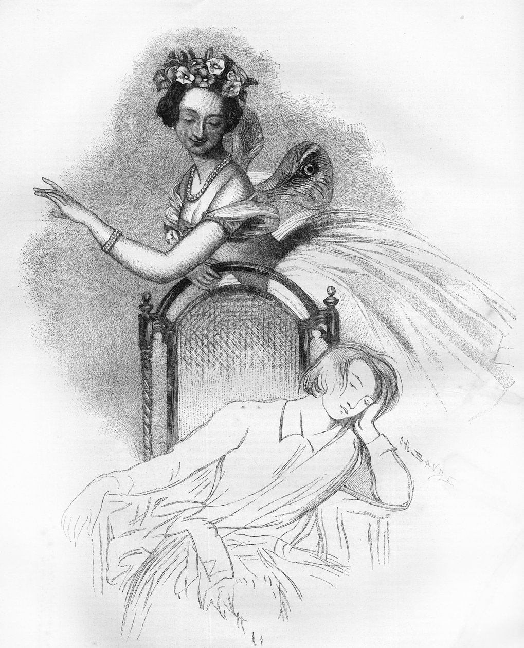 Portræt udgivet ved Marie Taglionis død (1804-1884) fransk romantisk ballerina repræsenteret her i rollen som honorar Sylphide i "Zephire et Flore" af Charles Louis Didelot. Gravering i "" Le Monde Illustré"" af Unknown artist
